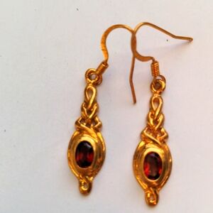 Red Garnet Gold plated Drop Dangle Earrings . New 1 1/2" drop. QVC.  Boxed